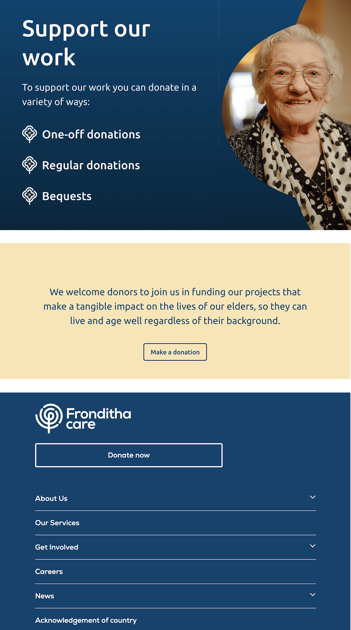 Support our work page with donation options, resident photography and site footer